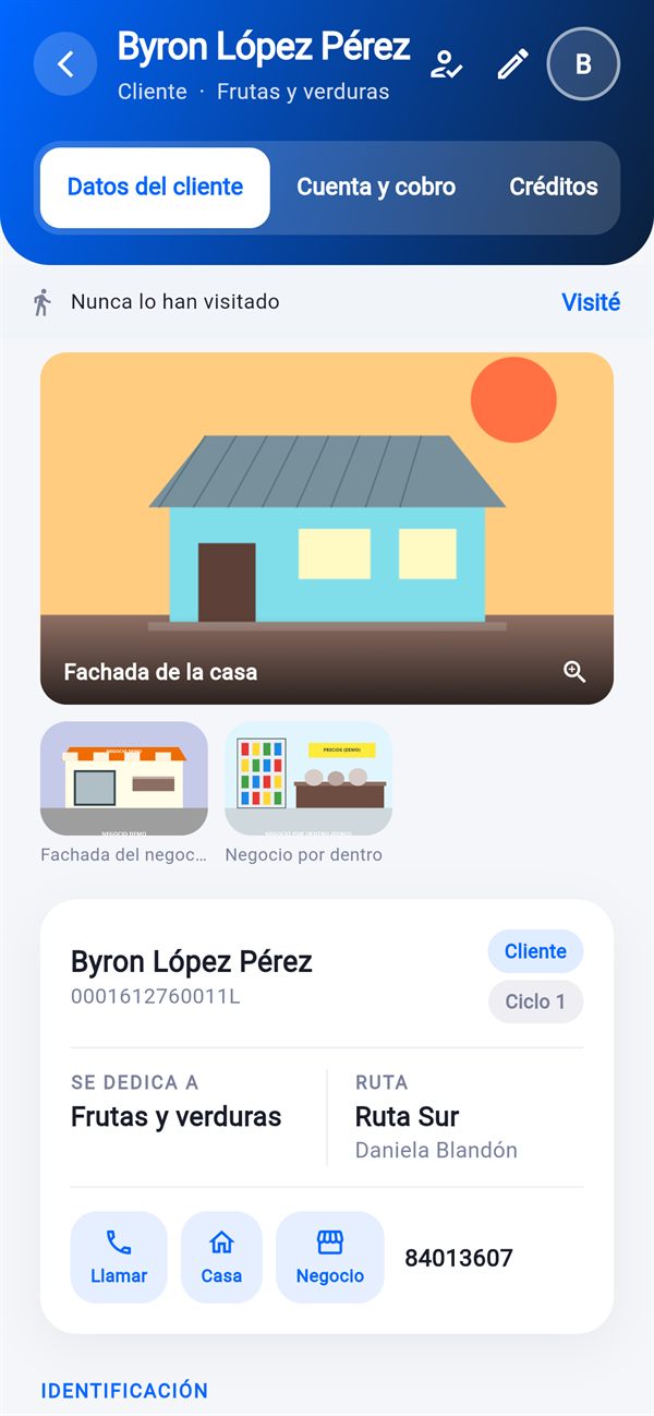 Ficha de un cliente con fotos de su casa y su negocio, su ruta y botones para llamar
