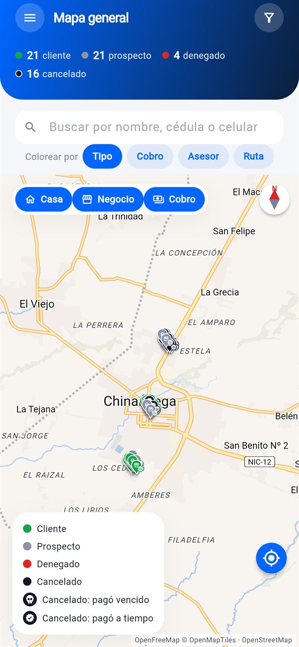Mapa de clientes en Proxemp para Prestamistas, con clientes y prospectos de colores distintos