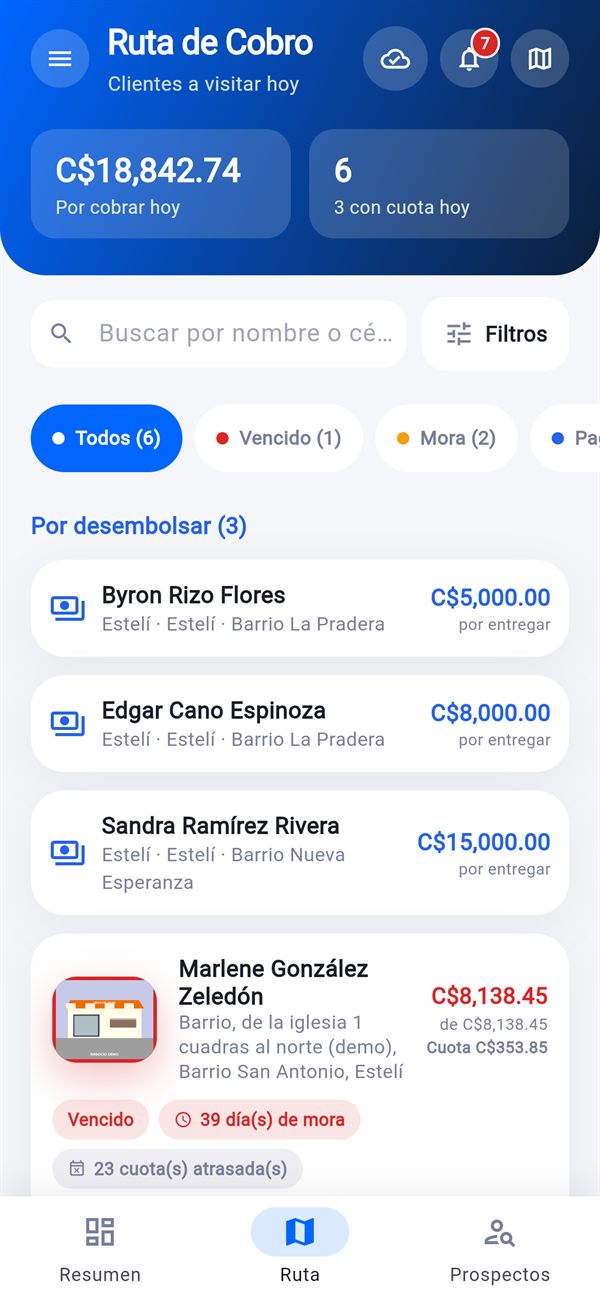 Ruta de cobro del día en Proxemp para Prestamistas, con lo que hay por cobrar hoy y los clientes en mora