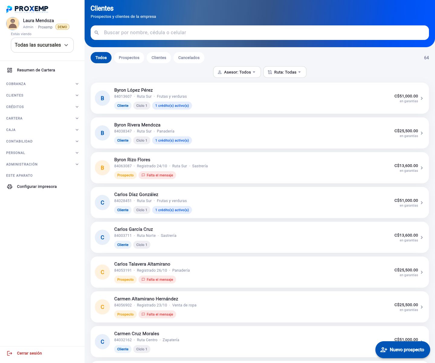Lista de clientes y prospectos en la versión para computadora, con su ruta, su negocio y sus garantías