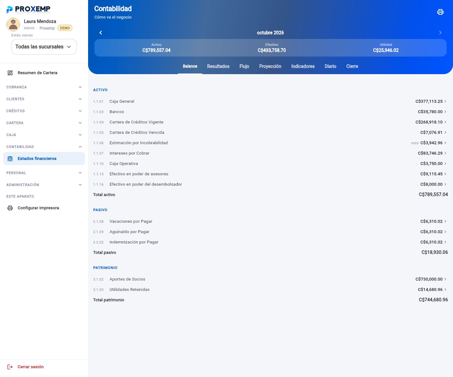 Balance general en la versión para computadora: activo, pasivo y patrimonio del mes