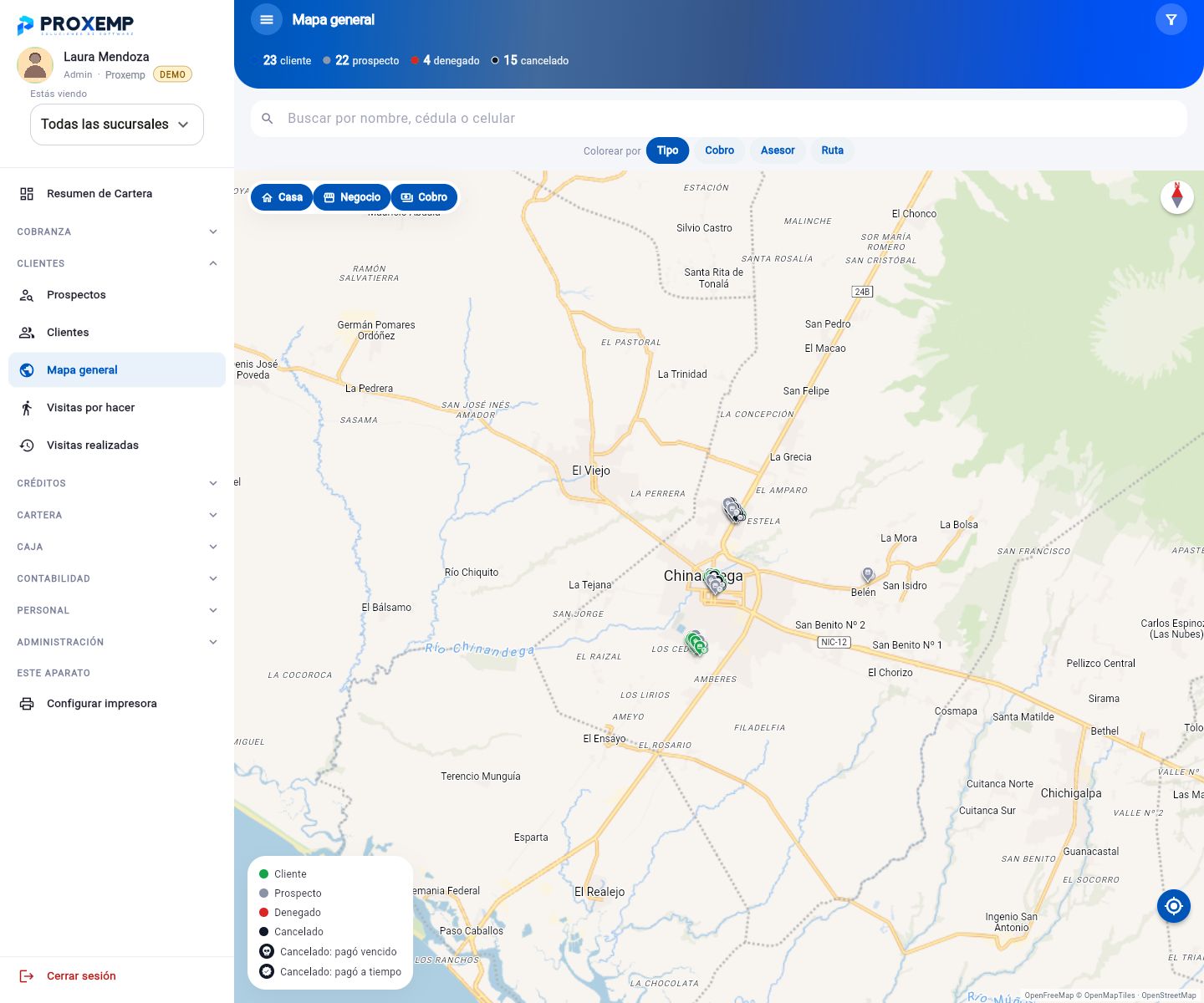 Mapa general de clientes y prospectos en la versión para computadora