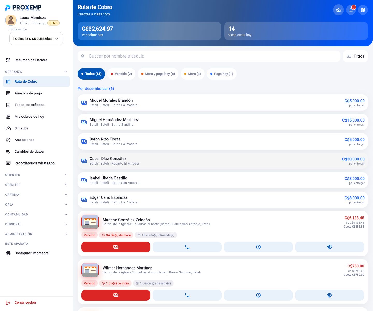 Ruta de cobro en la versión para computadora: total por cobrar hoy, filtros y la lista de clientes